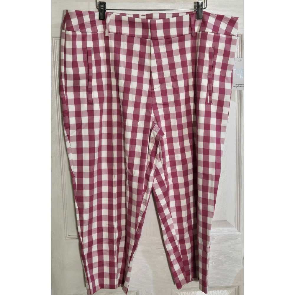 Time and Tru Pink White Gingham Capri Pants Womens 18 Hook Eye Zip Faux Pockets